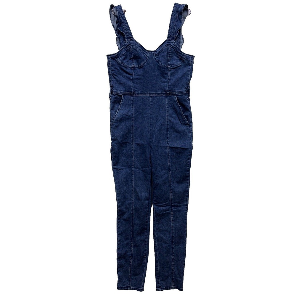 Tinsel Town Women's Denim Jumpsuit Size L Blue Dark Wash Ruffle Strap Bustier